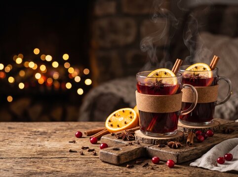 Two clear glass mugs of steaming mulled wine with orange slices, cinnamon sticks, star anise and cranberries on rustic wooden board, cozy winter drink