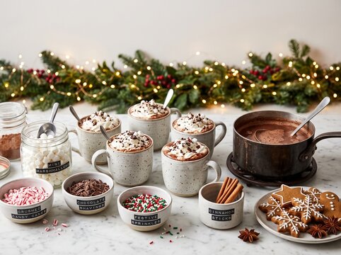 Marble table with speckled mugs of hot chocolate, whipped cream, marshmallows, gingerbread cookies and festive toppings for winter holiday celebration