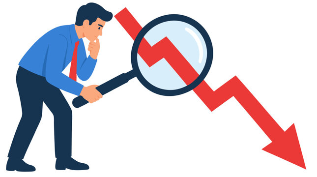 Thoughtful businessman with giant magnifying glass inspecting red downward trending arrow chart symbolizing financial loss, market decline, investment risk and economic analysis concept