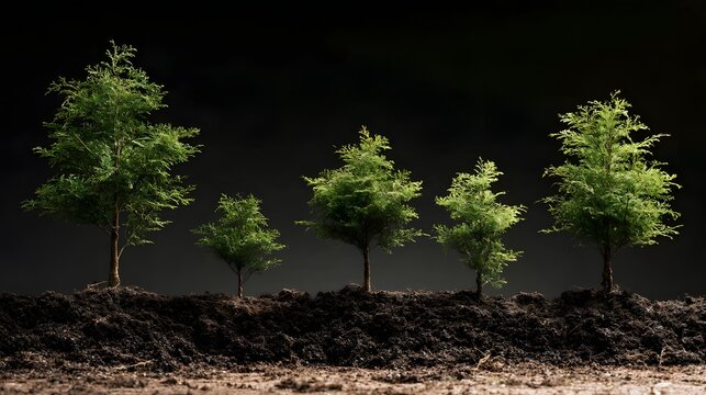 Five small trees growing in a row on dark soil against a black background  showing stages of development