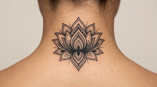A black ink tattoo centered on the upper neck featuring an intricate lotus flower surrounded by ornamental mandala petal layers and fine dotwork accent details.