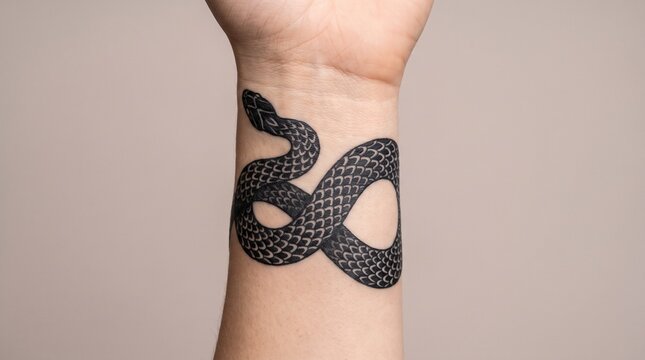 A black ink snake tattoo wrapped twice around a wrist like an infinity cuff bracelet, featuring realistic crosshatched serpent scales and a raised viper head.