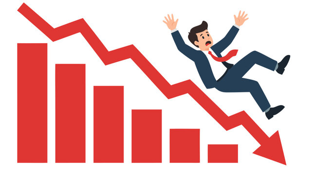 Panicked businessman in suit falling off steep declining red arrow graph with shrinking bar chart symbolizing stock market crash, economic crisis, bankruptcy and financial risk concept