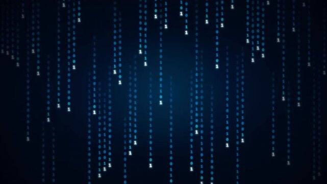 Abstract Digital Rain Background with Flowing Binary Code and Glowing Particles.