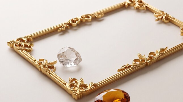 Ornate golden picture frame with sparkling diamond and amber gemstone, elegant luxury jewelry setting
