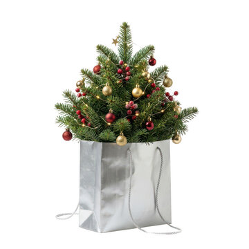 Small christmas tree with red and gold ornaments in a silver gift bag isolated on transparent background