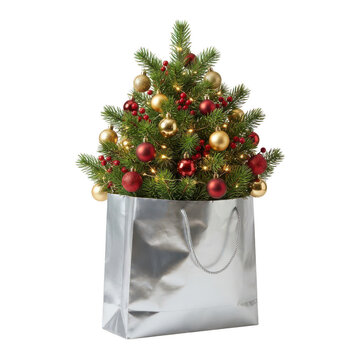 Small decorated christmas tree in a silver gift bag isolated on transparent background