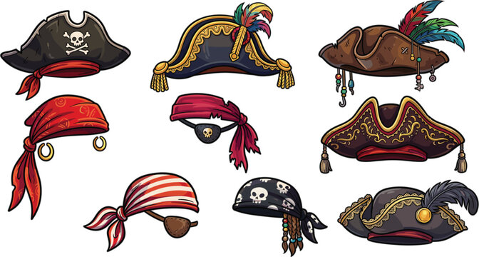 Pirate Headwear Accessories Vector Set Featuring Tricorn Hats Bandanas Eyepatches Skull Prints Feathers and Gold Trim Collection