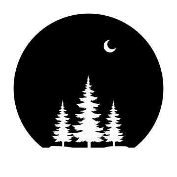 Minimalist Forest at Night Silhouette with Crescent Moon, Perfect for logo, stample, pin, and wall decoration.