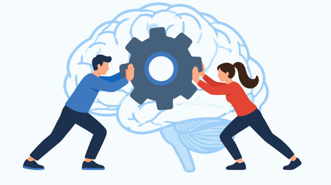 Two diverse people pushing together a large mechanical gear inside a transparent human brain symbolizing teamwork, mindset shift and cognitive change for mental health innovation concept
