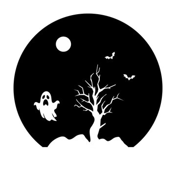 Halloween Silhouette Illustration with Spooky Ghost, Bare Tree, Bats, and Full Moon on Black Background for pin, logo, card, stample, and wall decoration.