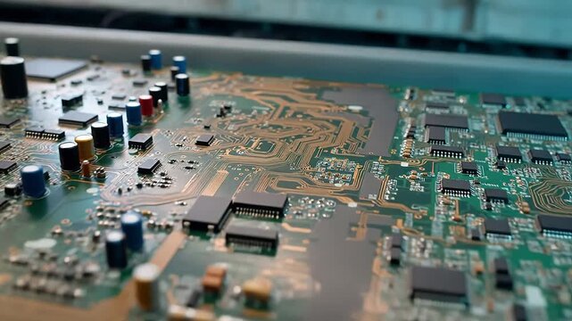 Close up of modern printed circuit board with electronic components microchips integrated circuits capacitor lines computer motherboard hardware technology