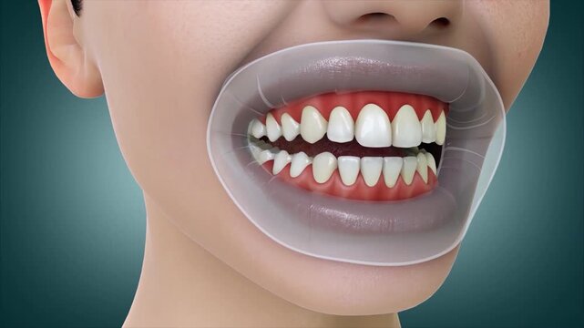 Ultraviolet (UV) light-based cosmetic dental treatment on a young girl. UV Light for Smile and Beauty Enhancement. Medically accurate 3D animation