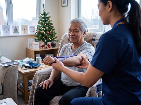 Nurse Assisting Elderly Man with Arm Exercises During Holiday Caregiver Home Visits