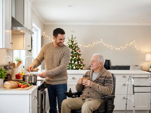 Male caregiver assisting elderly man during holiday home visits