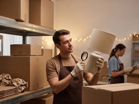 Man Inspecting Lamp for Holiday Returns Reverse Logistics