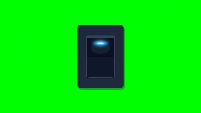 Animated toggle switch with glowing blue indicator light, animated on and off states, isolated on vibrant green background, representing power, control, and activation, symbolizing simple decision