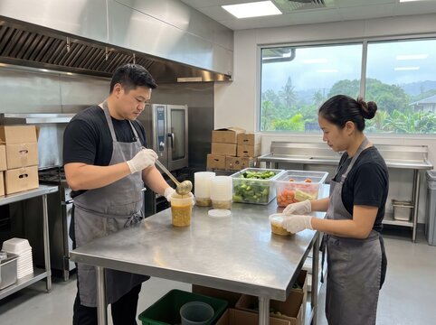 Volunteers preparing holiday food surplus redistribution in kitchen hub