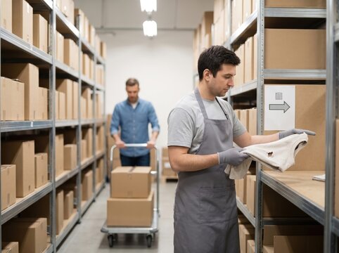 Warehouse Worker Inspects Apparel for Holiday Returns Reverse Logistics