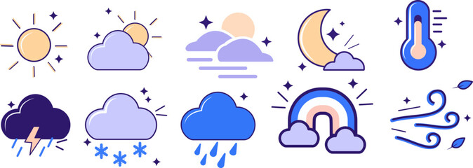 Fototapeta premium Minimalist Weather Icons Set – Sun, Clouds, Rain, Snow, Wind and Temperature