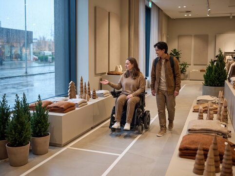 Woman in wheelchair and man during sensory friendly accessible holiday shopping