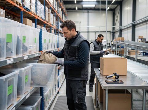 Worker Inspecting Packages for Holiday Returns Reverse Logistics