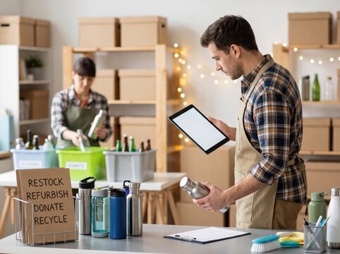 Retail worker managing holiday returns reverse logistics with tablet