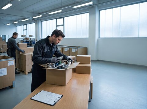 Retail worker managing holiday returns reverse logistics in warehouse