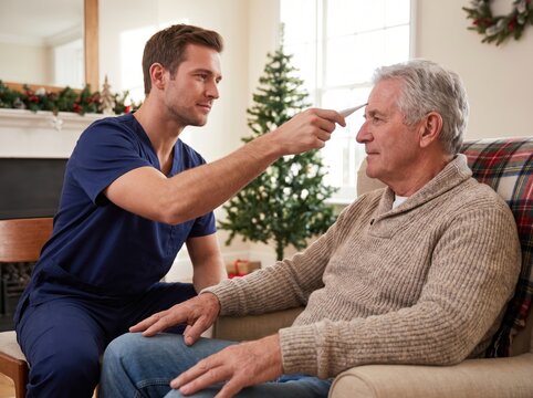 Young Male Nurse Checking Elderly Man's Temperature During Holiday Caregiver Home Visits
