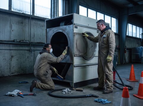 Technicians performing year-end industrial shutdown maintenance on large equipment