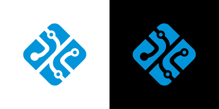Abstract digital technology logo design with circuit board nodes network connectivity icon symbol vector