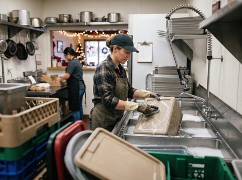 Woman washing dishes in restaurant kitchen, holiday food surplus redistribution