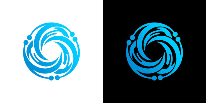 Abstract blue technology vortex logo icon design on black and white background for digital business
