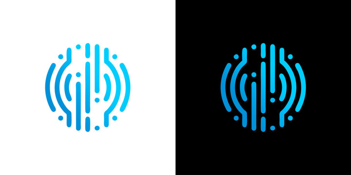 Abstract blue futuristic technology logo featuring digital biometric circuit lines and connectivity patterns for corporate identity