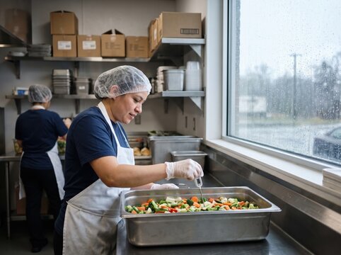 Worker prepares holiday food surplus redistribution in kitchen
