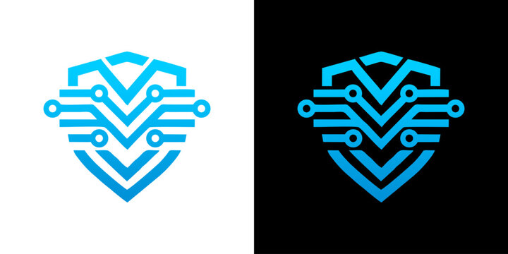 Cyber Security Shield Icon with Digital Tech Circuit Board Lines for Data Protection and Network Defense Logo