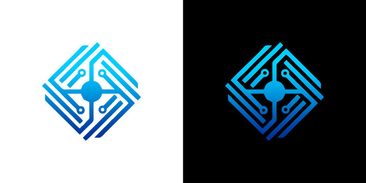 Abstract blue technology circuit board logo design with digital line connections isolated on white and black background for tech branding
