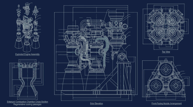 Technical blueprint illustration of a complex industrial rocket engine assembly.