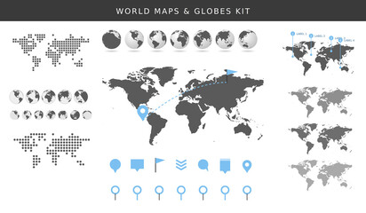 World maps and globes kit, dotted pixel world map, earth globe icons, location pins and infographic markers vector set © Deepak