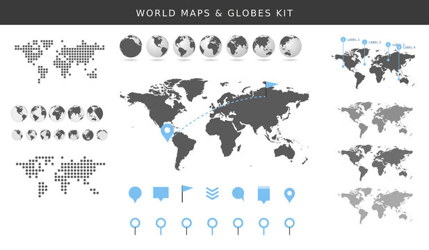 World maps and globes kit, dotted pixel world map, earth globe icons, location pins and infographic markers vector set