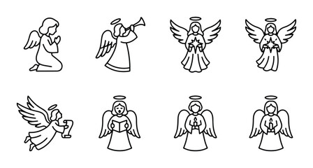 Christmas angel line icons with praying, trumpeting, holding star and candle for spiritual or holiday themes © Eshan