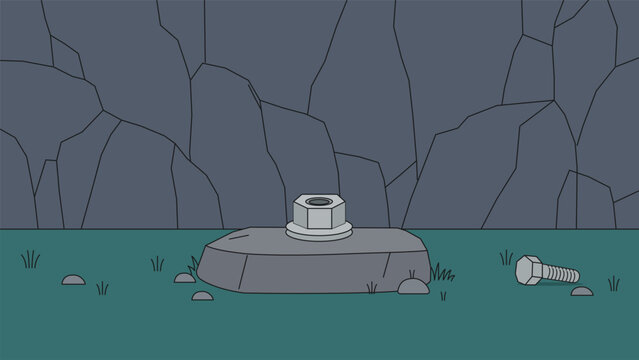 Flat cartoon illustration of a metal hex nut resting on a rock with a loose bolt nearby against a dark stone wall and green ground ideal for hardware engineering and industrial art