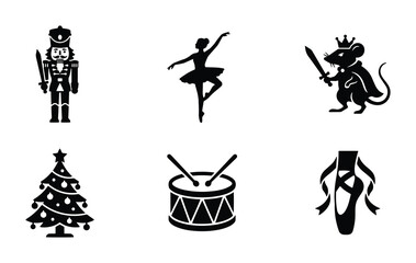 Nutcracker soldier, ballerina, mouse king, Christmas tree, drum and ballet shoe set, black icons for holiday design © Eshan
