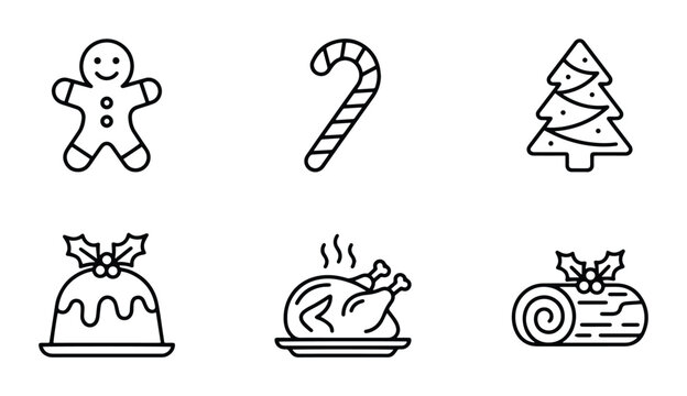 Christmas food icons set with gingerbread man, candy cane, tree, pudding, turkey and Yule log for holiday baking