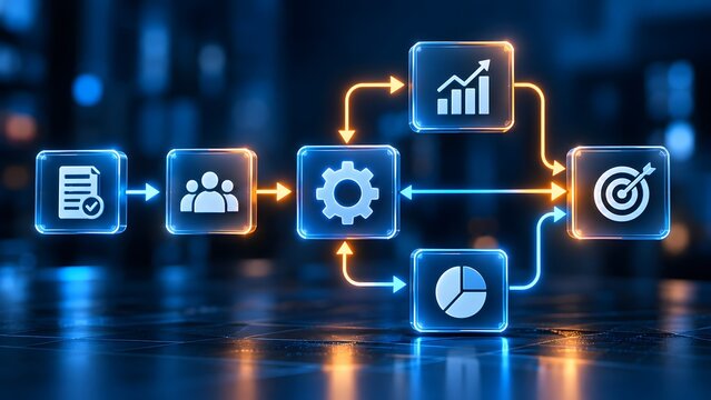 Illuminated digital flowchart displaying automated business workflow process connecting documents people gears and target goals on network interface