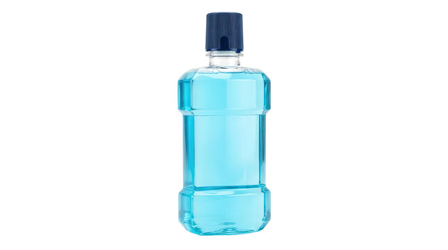 Blue mouthwash bottle with black cap isolated on white background