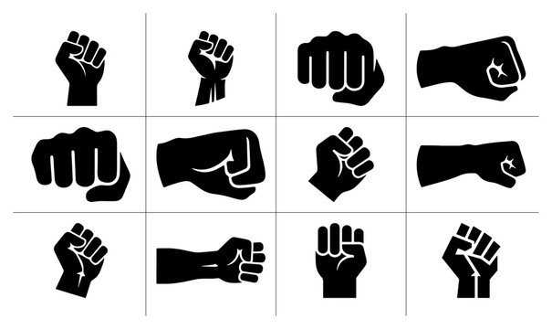Fist silhouettes set with clenched hands in various poses for protest or power symbols logo