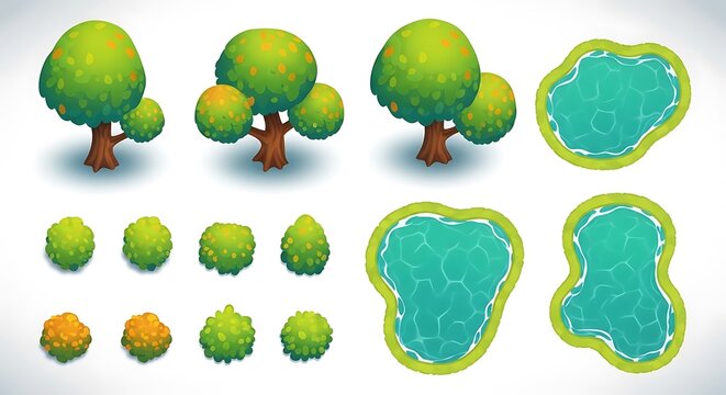 Isometric game assets with green trees bushes and blue water ponds for mobile strategy map design