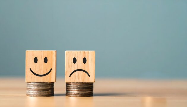 Smiling and sad wooden blocks rest on coin stacks against a blue background, symbolizing financial satisfaction, disappointment, and contrasting economic outcomes.