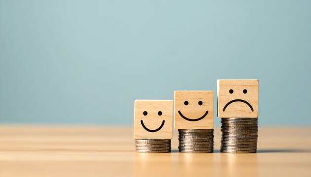 Wooden blocks with smiling and sad faces stand on stacks of coins, representing contrasting financial outcomes, customer sentiment, and the relationship between money and emotions.